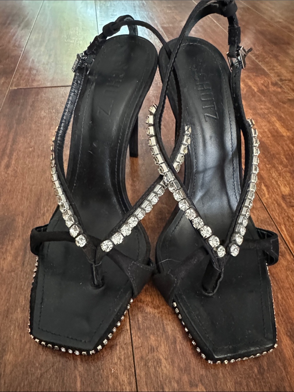 SCHUTZ Black Rhinestone-Trim Slingback Heels